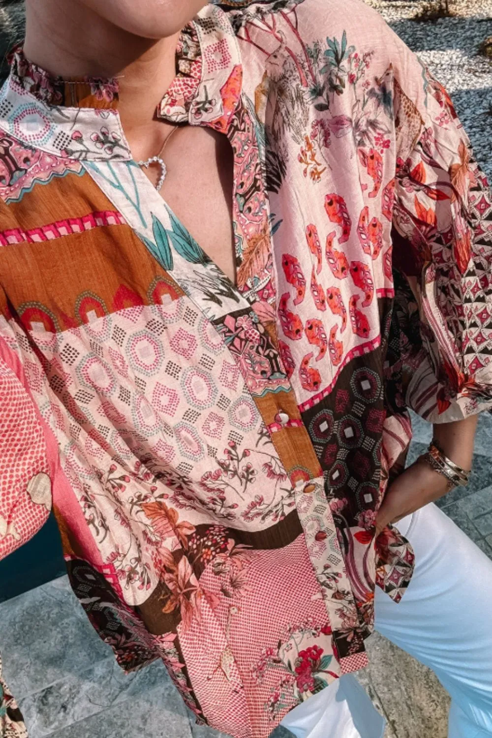 Patchwork Printed Notched Flounce Sleeve Shirt sold by Unique Kulture product image thumbnail 2