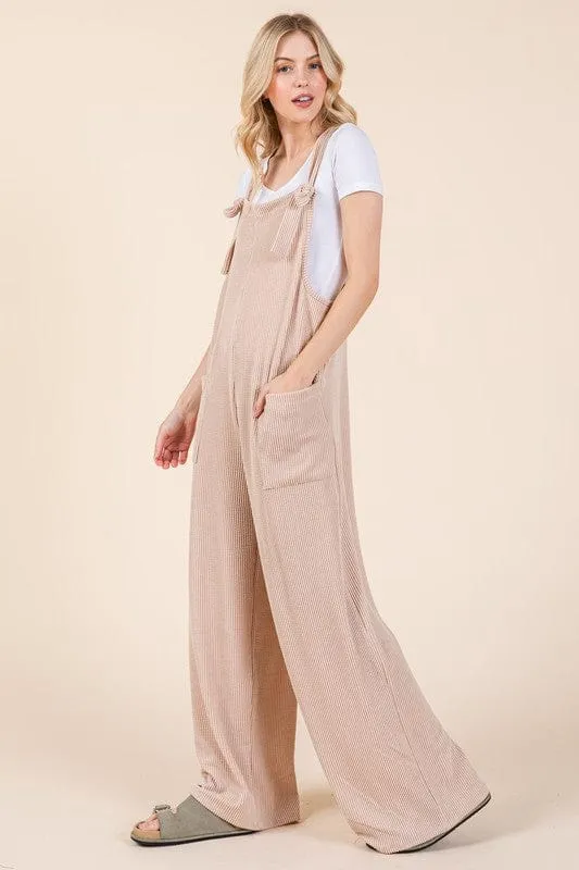 BOMBOM Knot Straps Wide Leg Ribbed Overalls with Pockets sold by Unique Kulture product image thumbnail 3