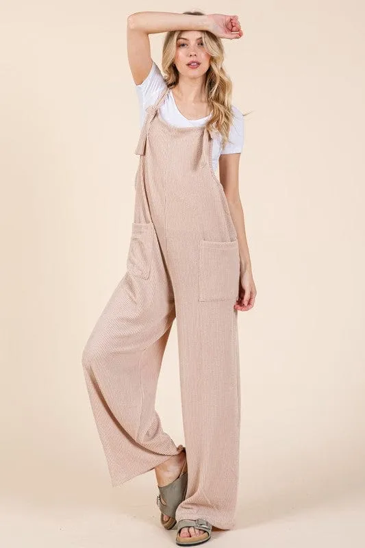 BOMBOM Knot Straps Wide Leg Ribbed Overalls with Pockets sold by Unique Kulture product image thumbnail 4
