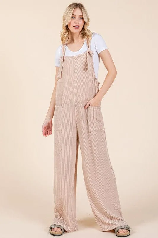 BOMBOM Knot Straps Wide Leg Ribbed Overalls with Pockets sold by Unique Kulture