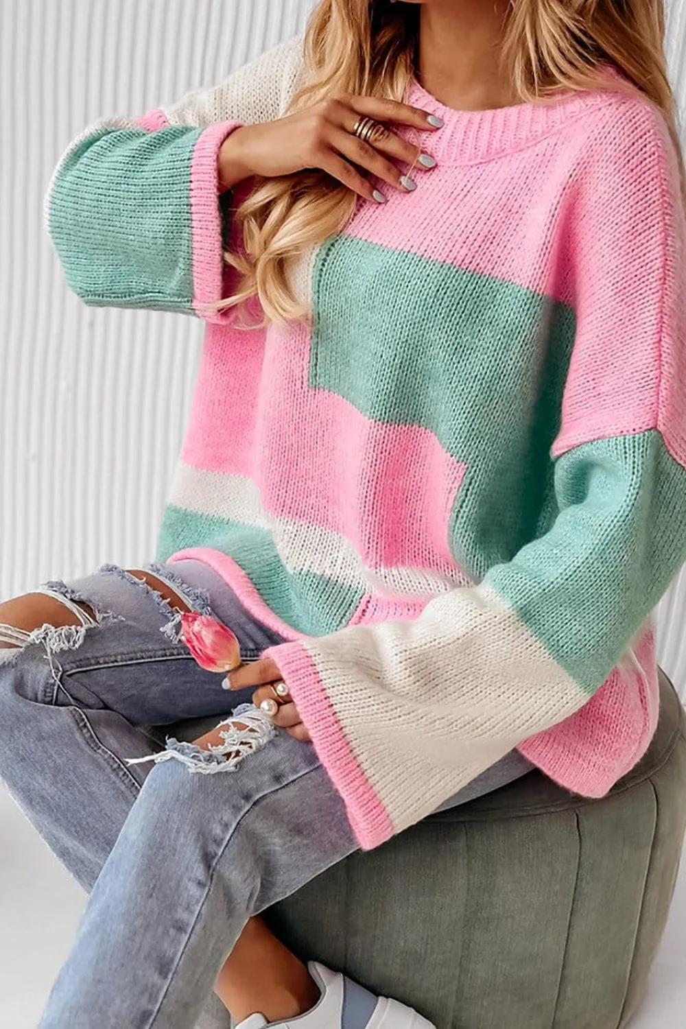 Color Block Round Neck Drop Shoulder Sweater sold by Unique Kulture product image thumbnail 3