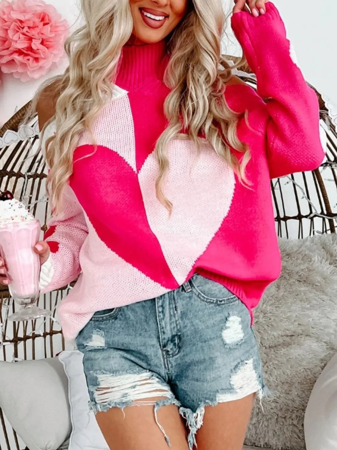 Valentine's Heart Turtleneck Cold Shoulder Sweater sold by Unique Kulture product image thumbnail 2