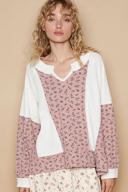 Waffle Knit Floral Notched Long Sleeve Top sold by Unique Kulture product image thumbnail 4