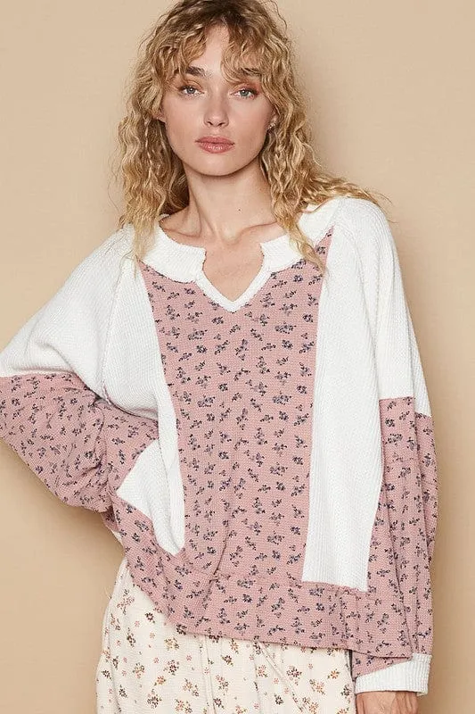 Waffle Knit Floral Notched Long Sleeve Top sold by Unique Kulture