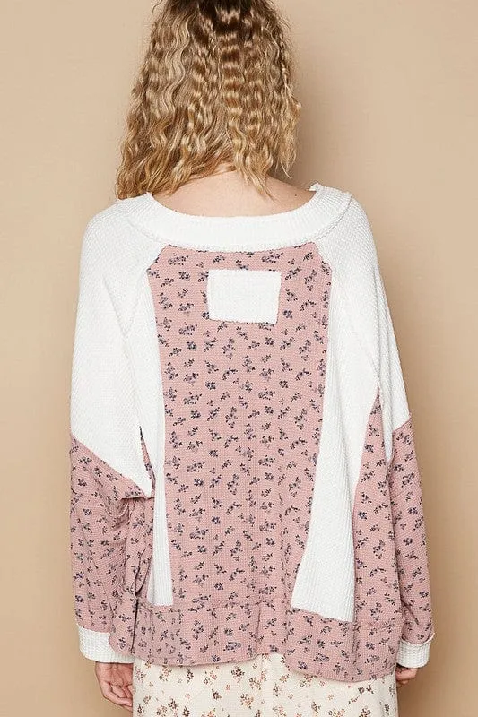 Waffle Knit Floral Notched Long Sleeve Top sold by Unique Kulture product image thumbnail 2