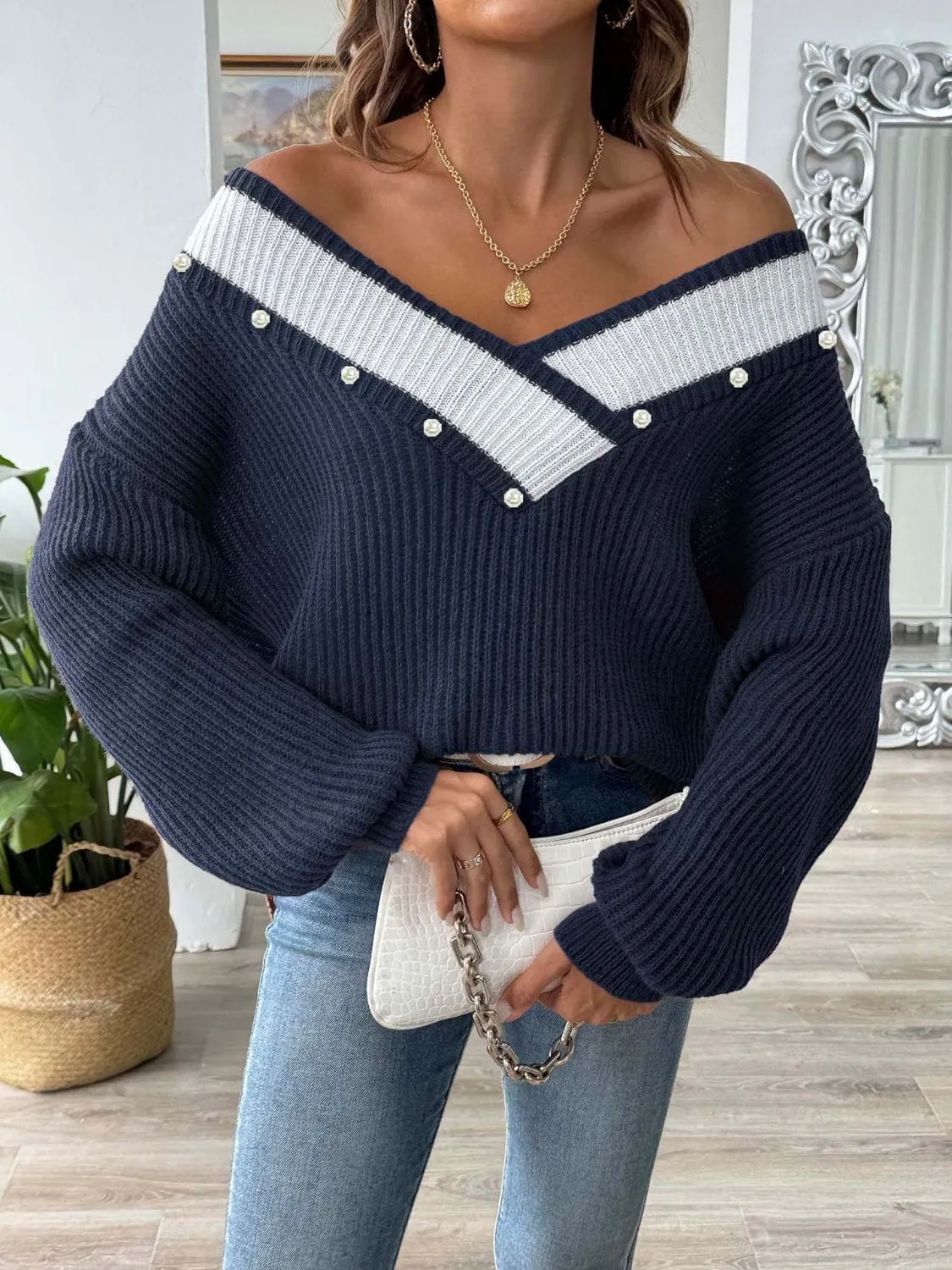 Contrast Trim Dropped Shoulder Long Sleeve Sweater sold by Unique Kulture product image thumbnail 4