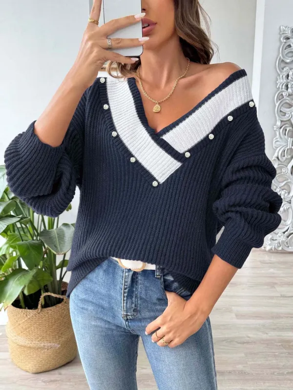 Contrast Trim Dropped Shoulder Long Sleeve Sweater sold by Unique Kulture