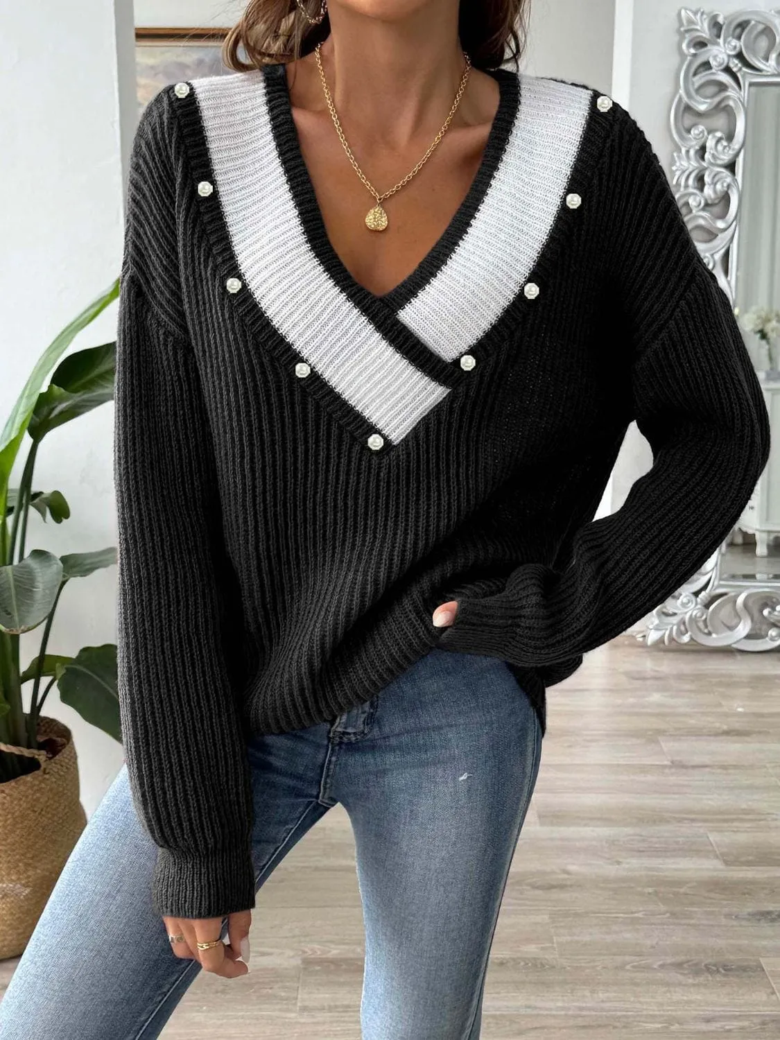 Contrast Trim Dropped Shoulder Long Sleeve Sweater sold by Unique Kulture product image thumbnail 5