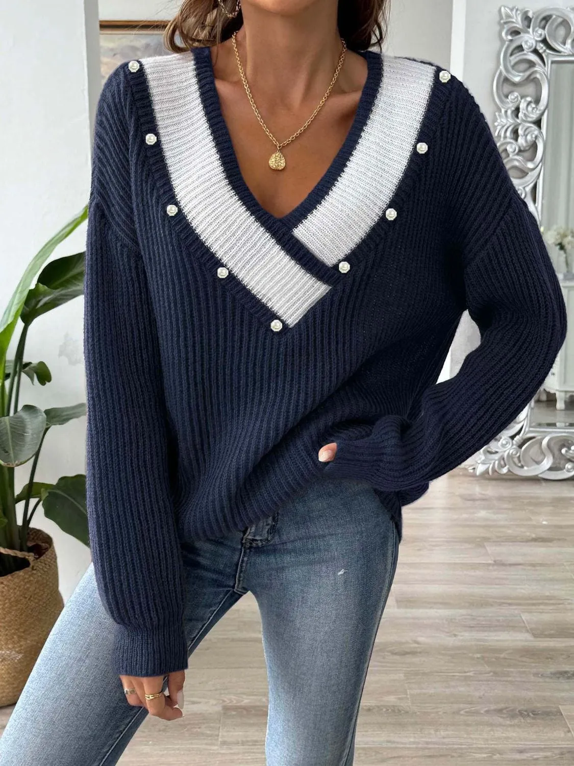 Contrast Trim Dropped Shoulder Long Sleeve Sweater sold by Unique Kulture product image thumbnail 3