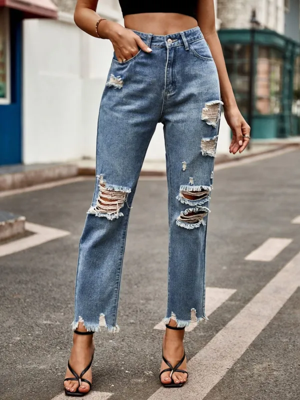 Distressed Raw Hem Jeans with Pockets sold by Unique Kulture