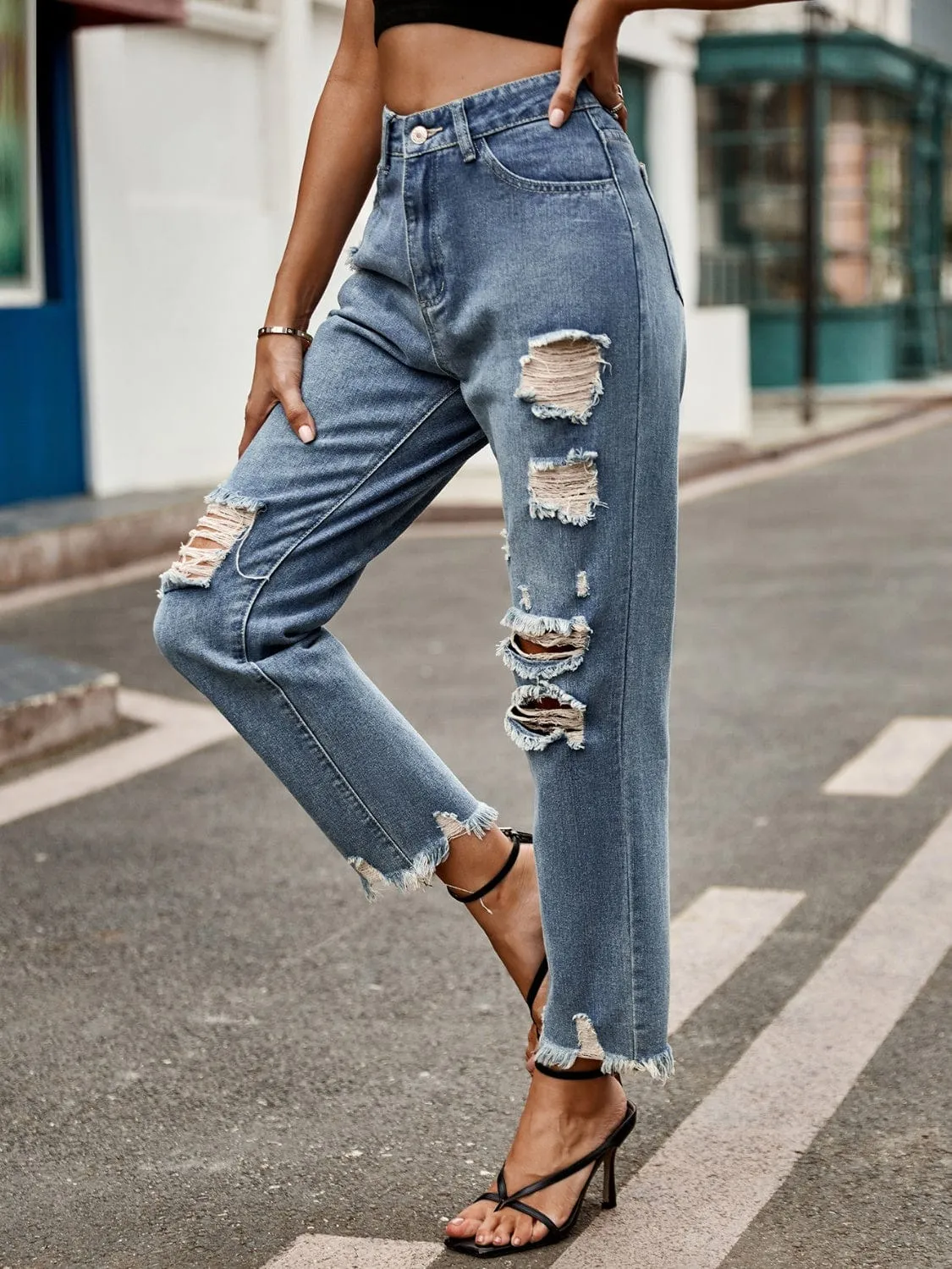 Distressed Raw Hem Jeans with Pockets sold by Unique Kulture product image thumbnail 5