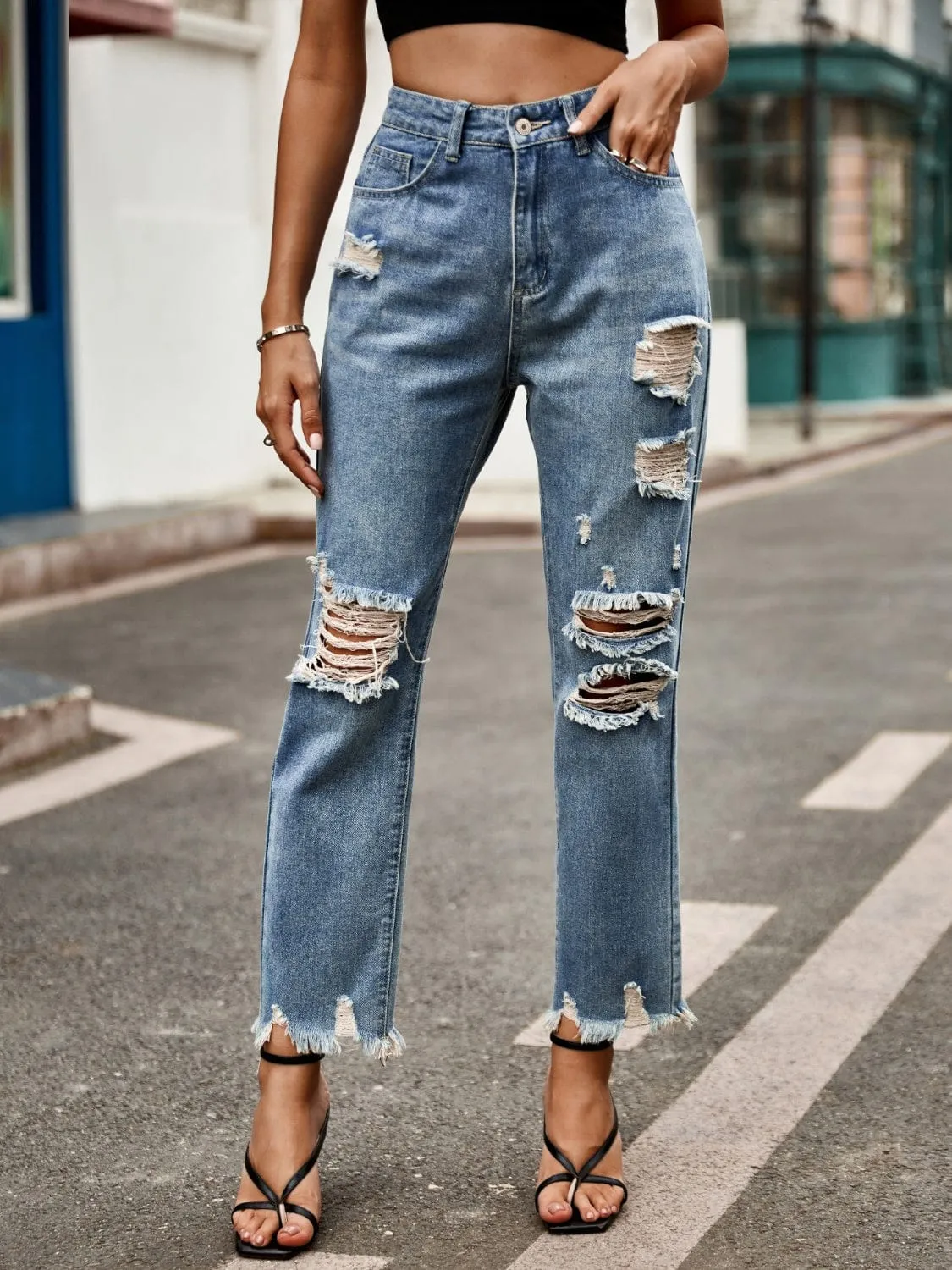 Distressed Raw Hem Jeans with Pockets sold by Unique Kulture product image thumbnail 3