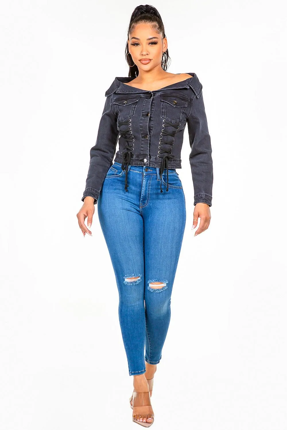 American Bazi Off Shoulder Lace Up Denim Jacket sold by Unique Kulture product image thumbnail 4
