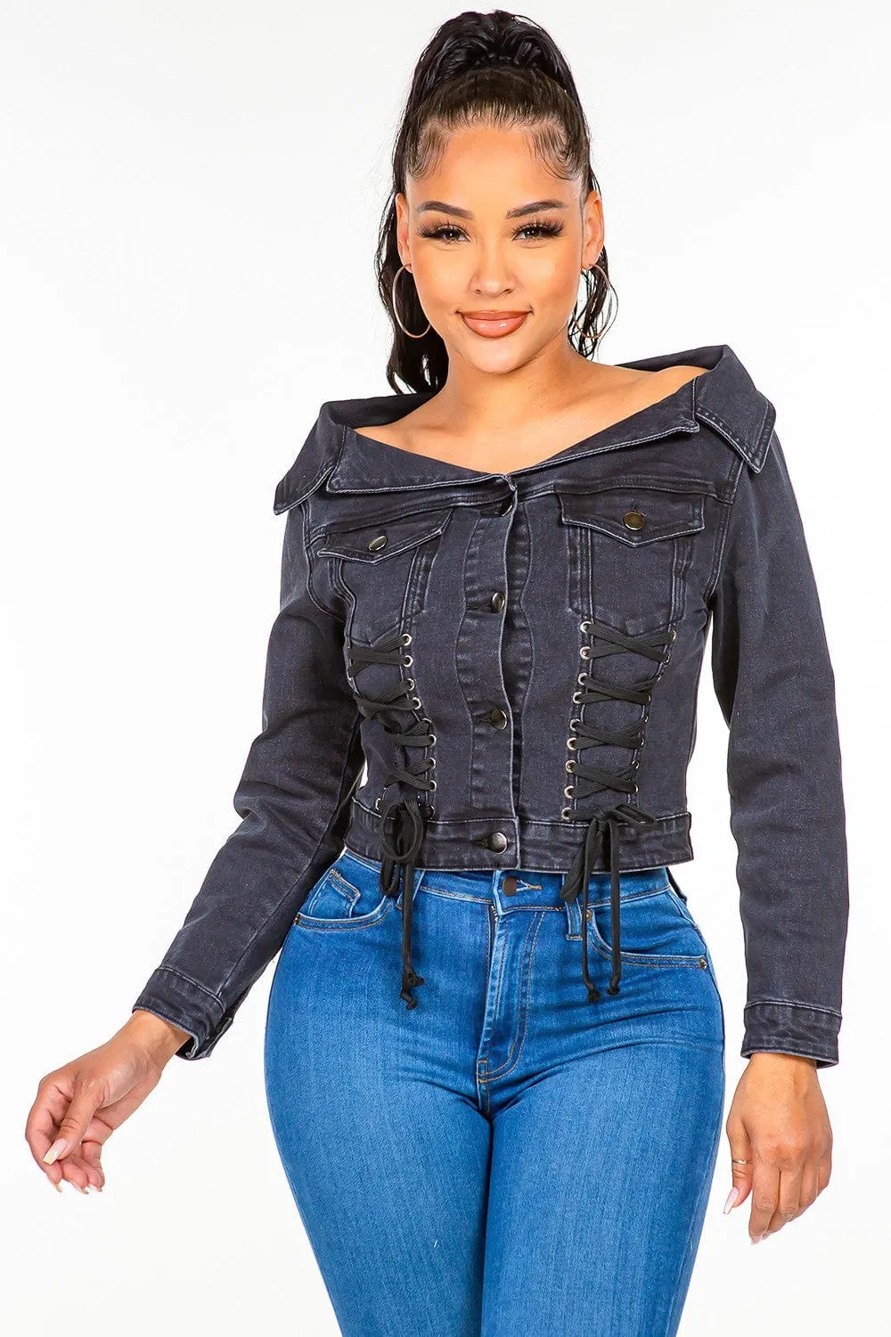 American Bazi Off Shoulder Lace Up Denim Jacket sold by Unique Kulture