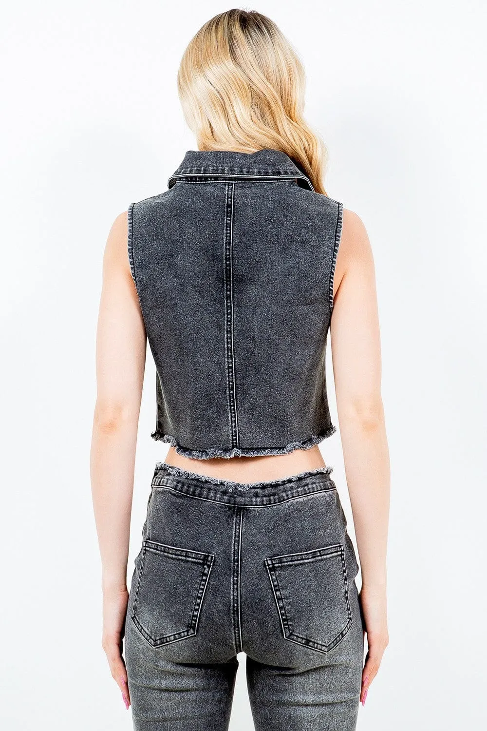 American Bazi Zip Up Washed Crop Denim Vest sold by Unique Kulture product image thumbnail 2