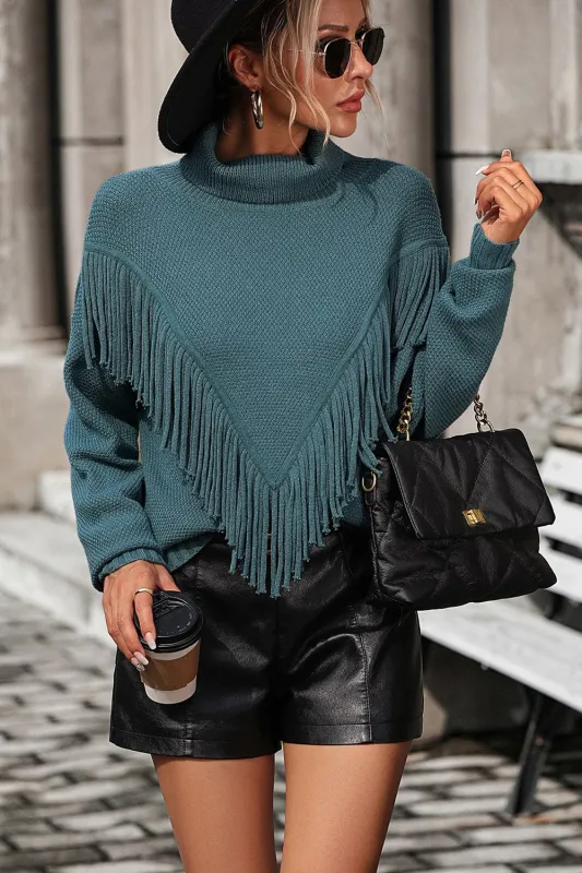 Turtle Neck Tassel Front Long Sleeve Pullover Sweater made by Trendsi