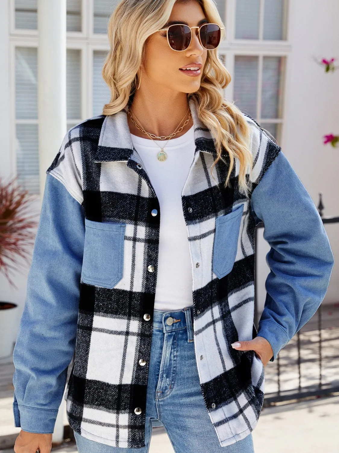 Pocketed Plaid Snap Down Denim Jacket sold by Unique Kulture product image thumbnail 3