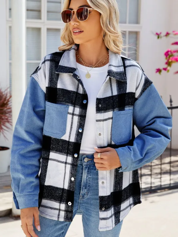 Pocketed Plaid Snap Down Denim Jacket sold by Unique Kulture