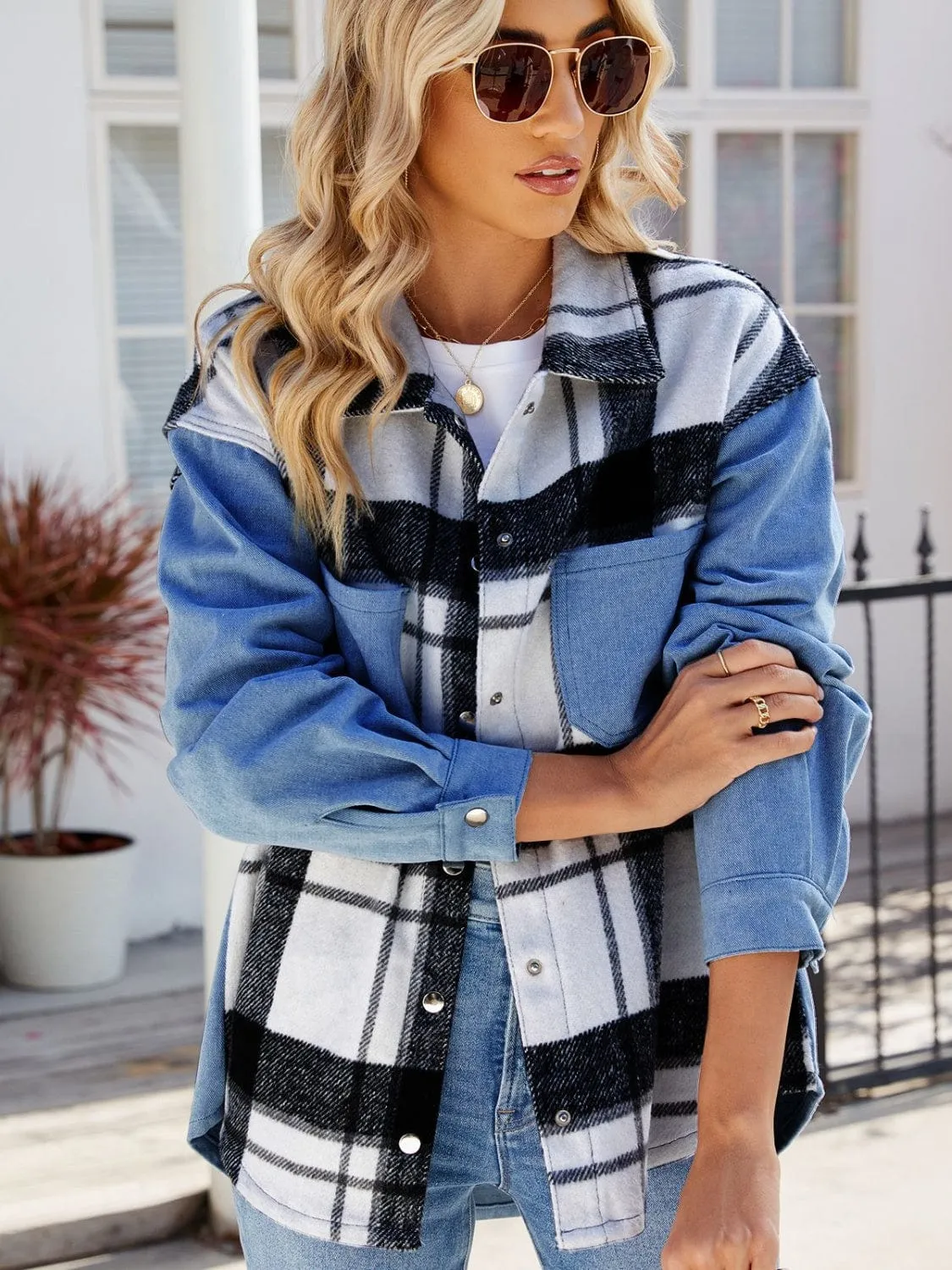 Pocketed Plaid Snap Down Denim Jacket sold by Unique Kulture product image thumbnail 5
