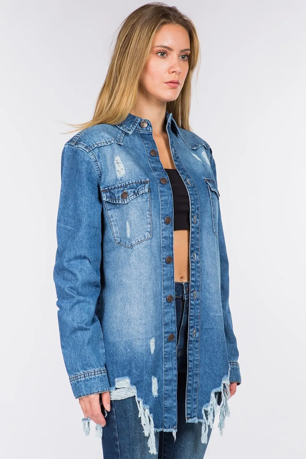 American Bazi Distressed Frayed Hem Denim Jacket sold by Unique Kulture product image thumbnail 4
