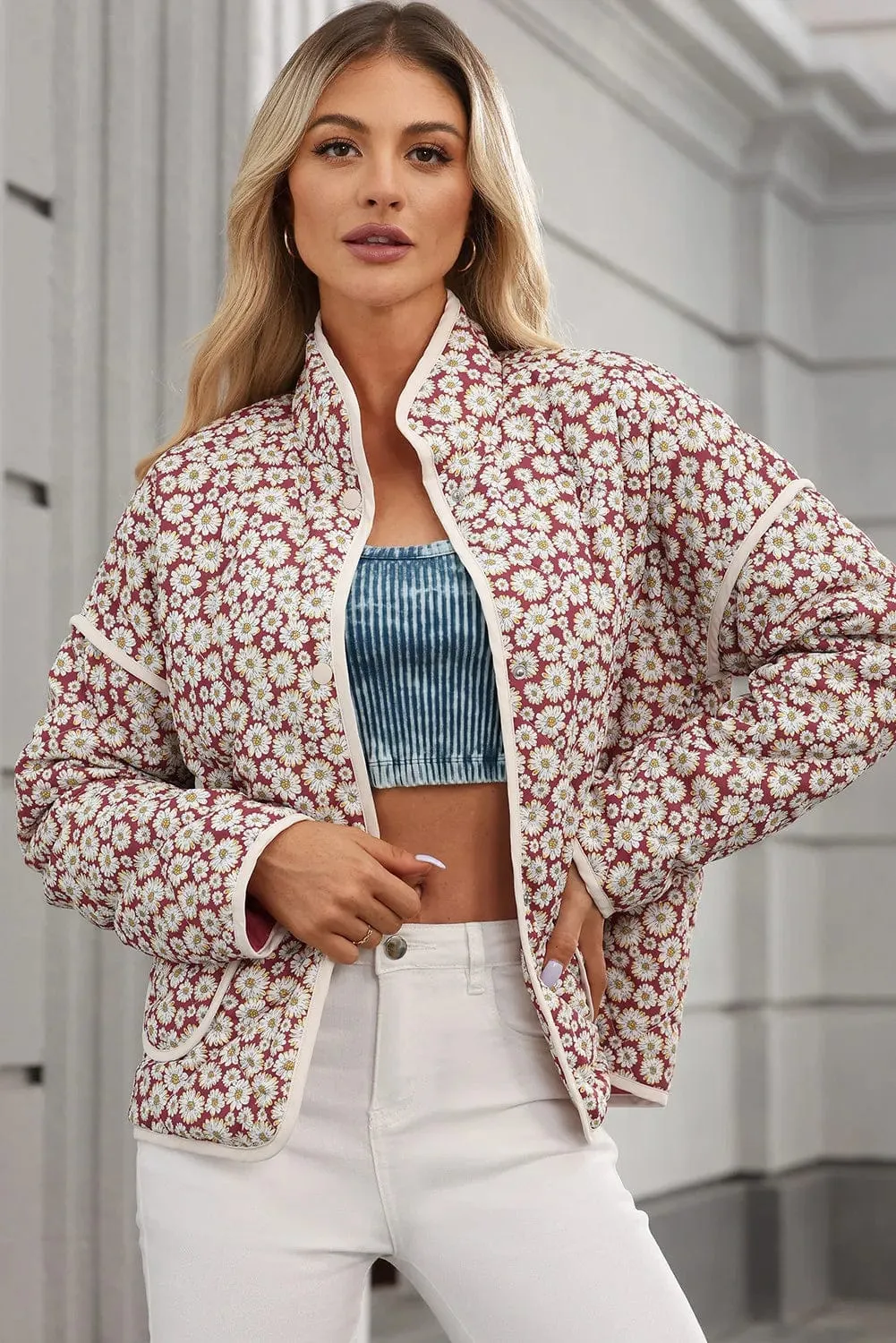 Floral Snap Down Mock Neck Coat sold by Unique Kulture