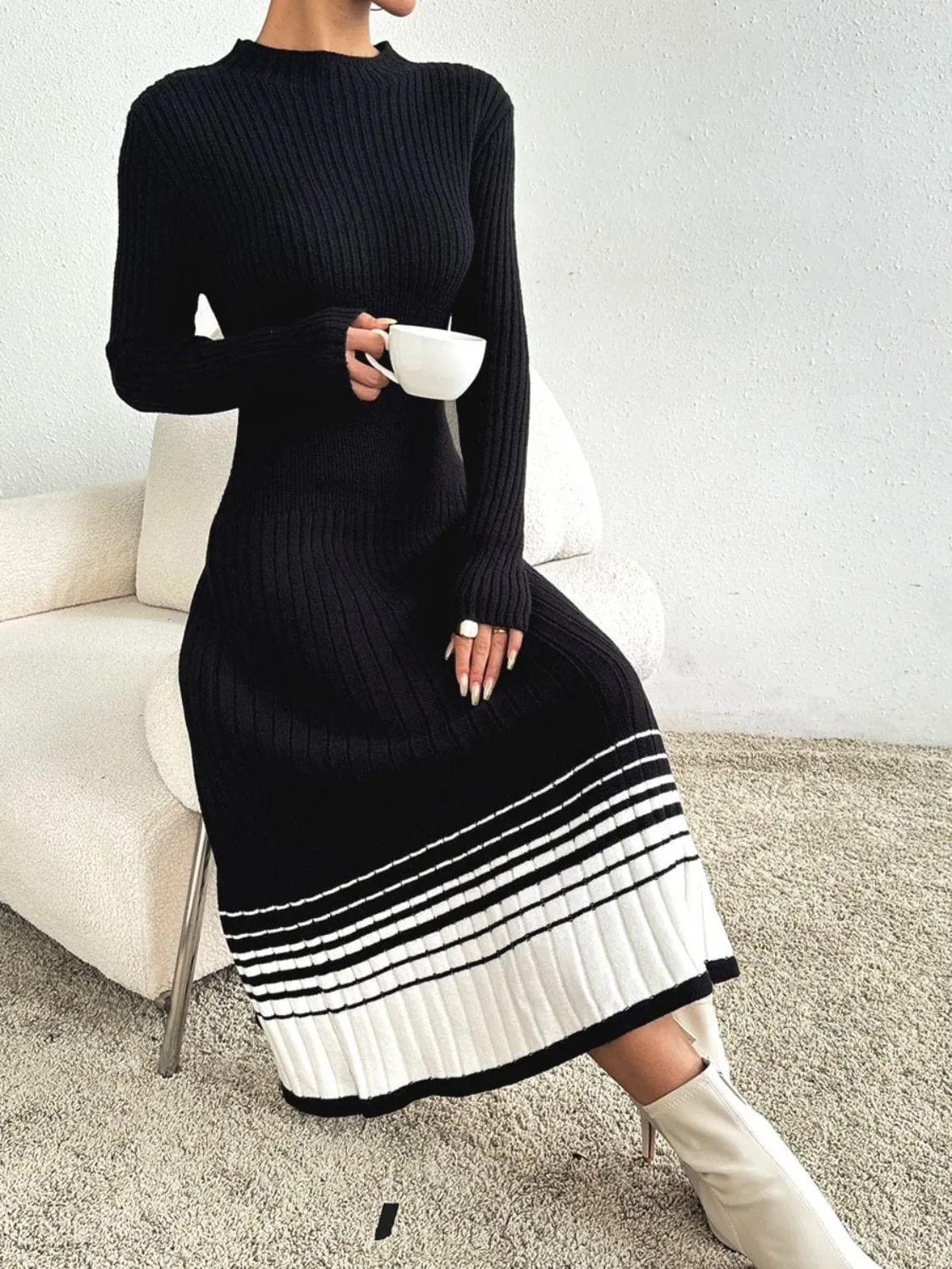Contrast Mock Neck Long Sleeve Sweater Dress sold by Unique Kulture product image thumbnail 3