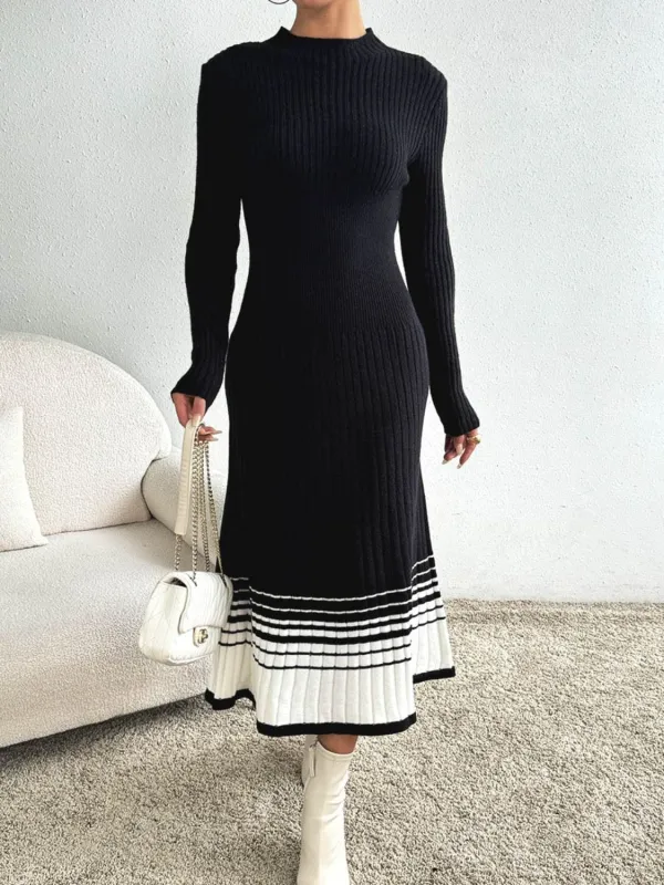 Contrast Mock Neck Long Sleeve Sweater Dress made by Trendsi