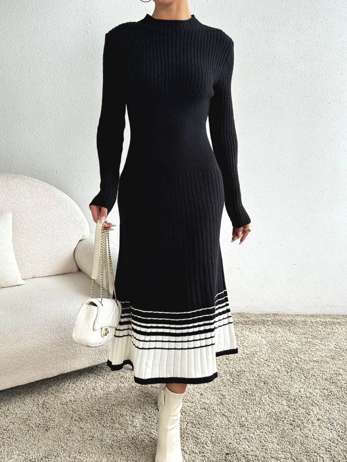 Contrast Mock Neck Long Sleeve Sweater Dress sold by Unique Kulture