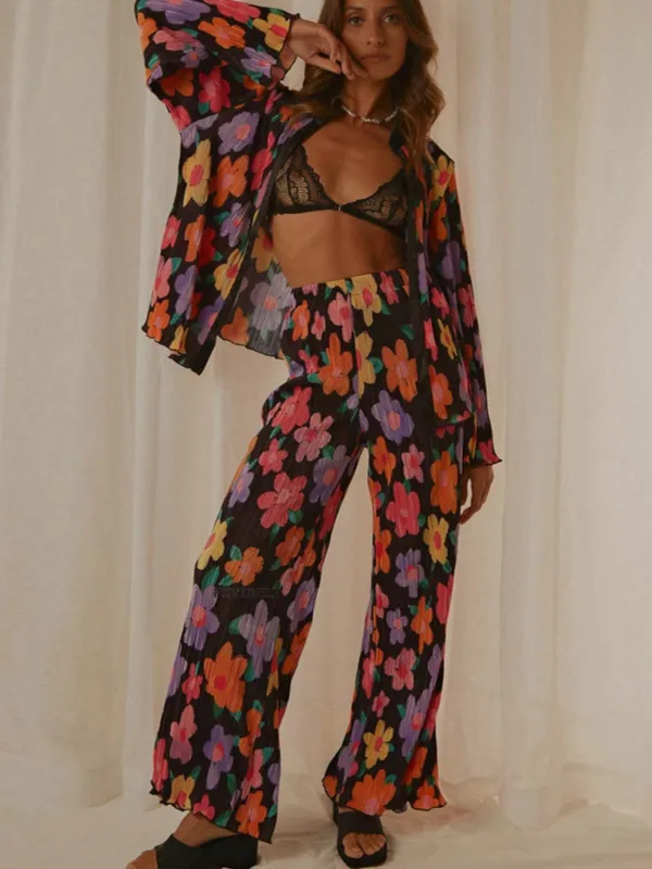 Unique Kulutre Collared Neck Long Sleeve Top and Pants Lounge Set made by Trendsi