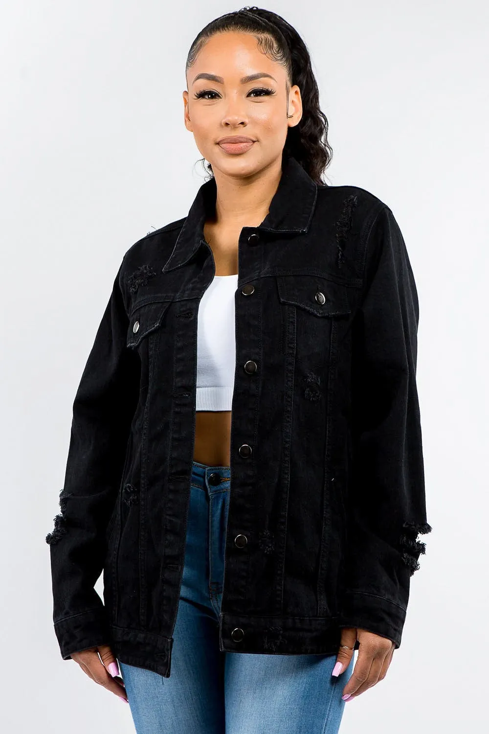 American Bazi Full Size Button Up Distressed Denim Jacket sold by Unique Kulture