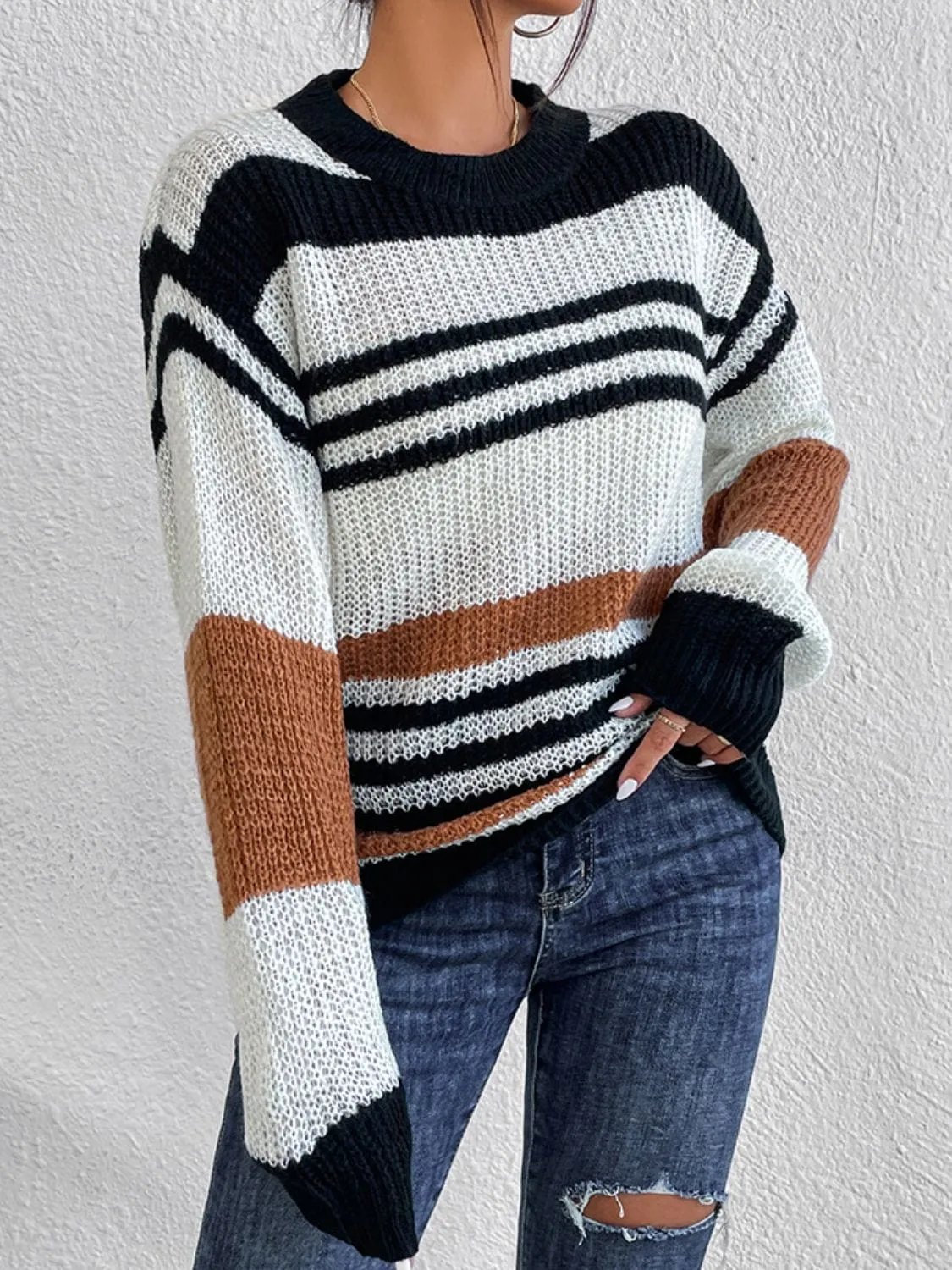 Contrast Striped Round Neck Long Sleeve Sweater sold by Unique Kulture product image thumbnail 3