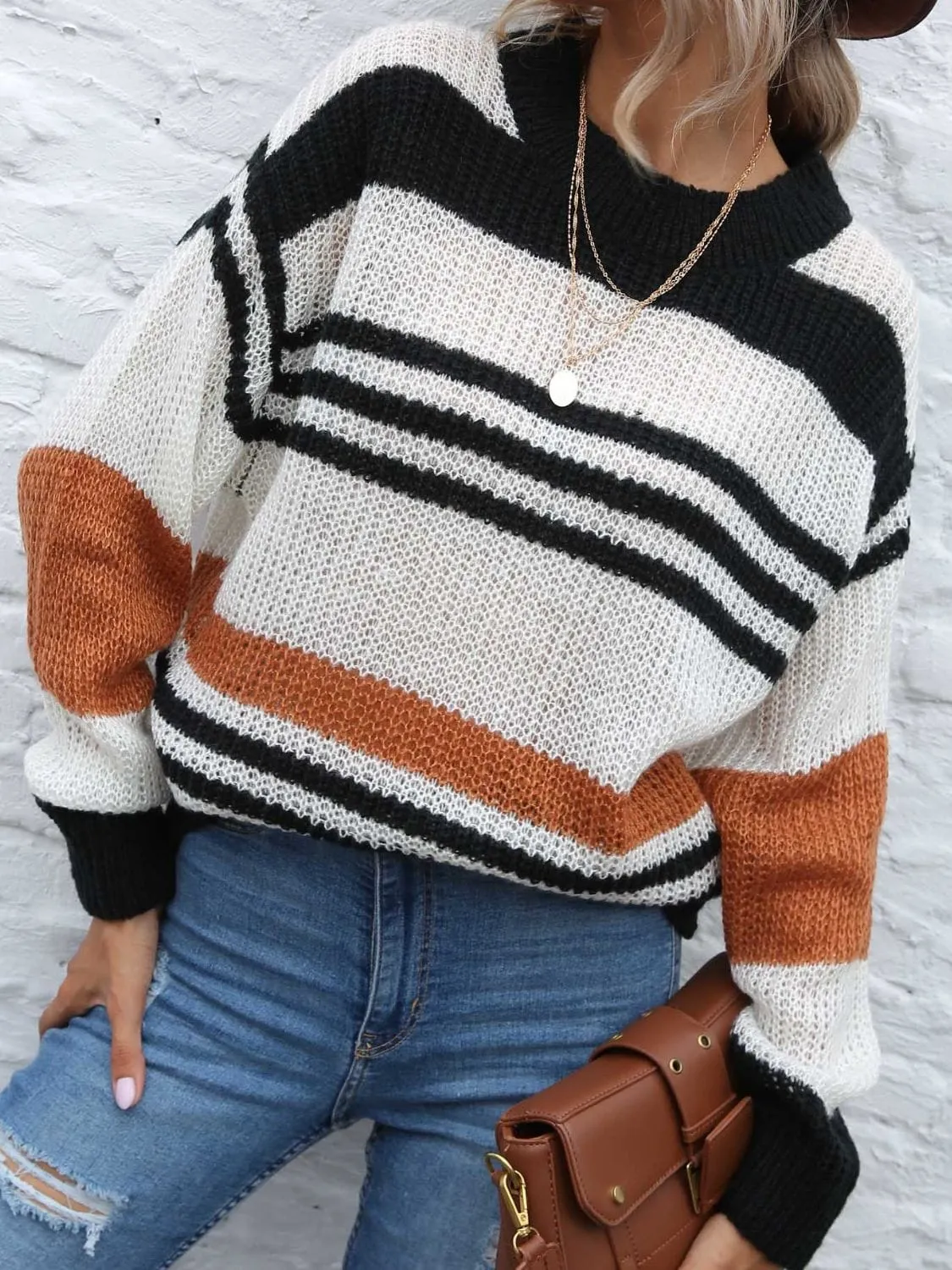 Contrast Striped Round Neck Long Sleeve Sweater sold by Unique Kulture product image thumbnail 4