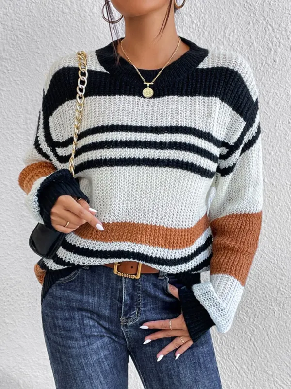 Contrast Striped Round Neck Long Sleeve Sweater sold by Unique Kulture