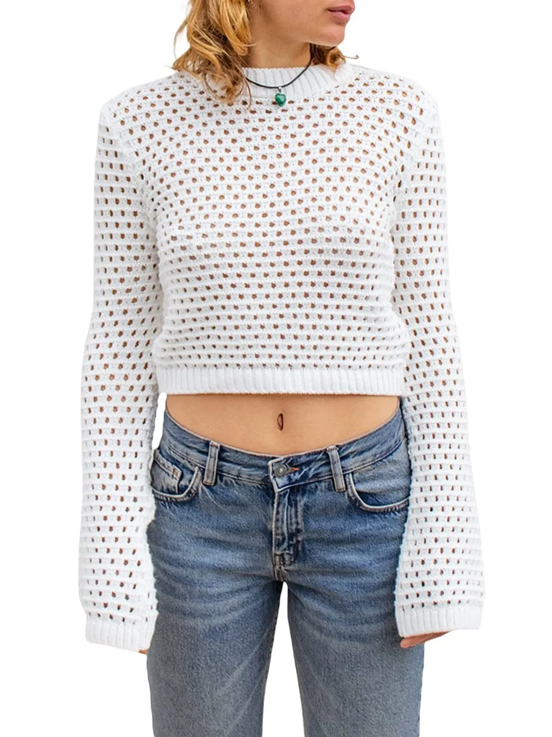 Openwork Round Neck Long Sleeve Knit Top sold by Unique Kulture product image thumbnail 2