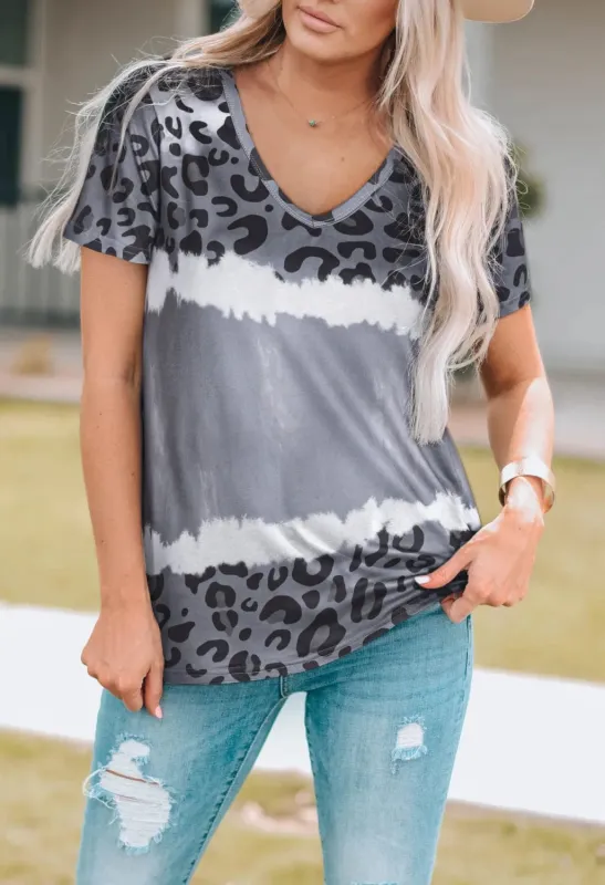 Leopard V-Neck Short Sleeve T-Shirt made by Trendsi
