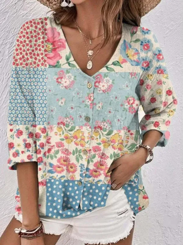 Full Size Printed V-Neck Blouse made by Trendsi