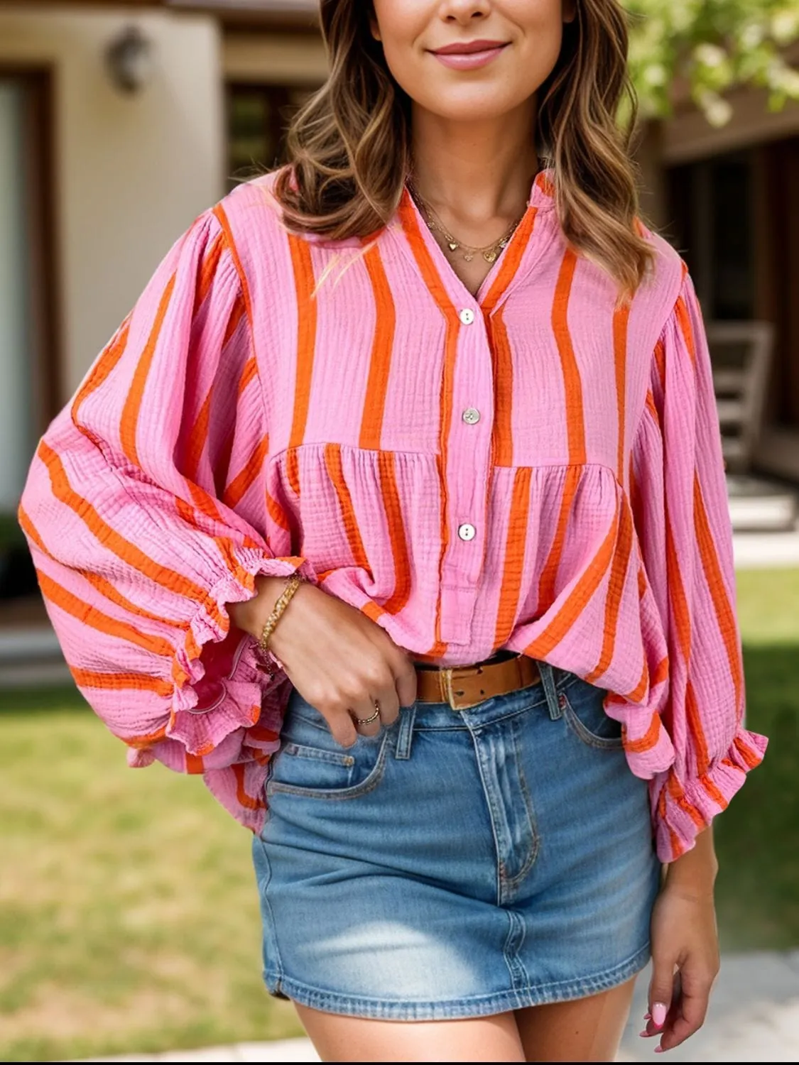 Striped Notched Long Sleeve Blouse sold by Unique Kulture