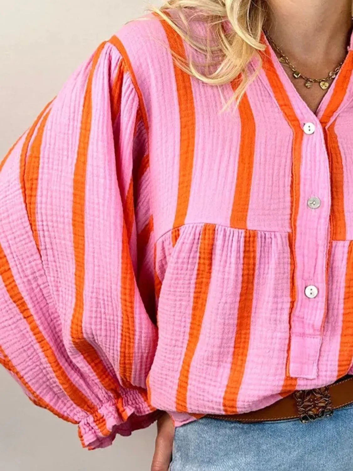 Striped Notched Long Sleeve Blouse sold by Unique Kulture product image thumbnail 2
