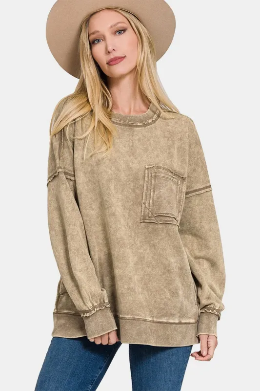 Zenana Exposed Seam Round Neck Dropped Shoulder Sweatshirt sold by Unique Kulture