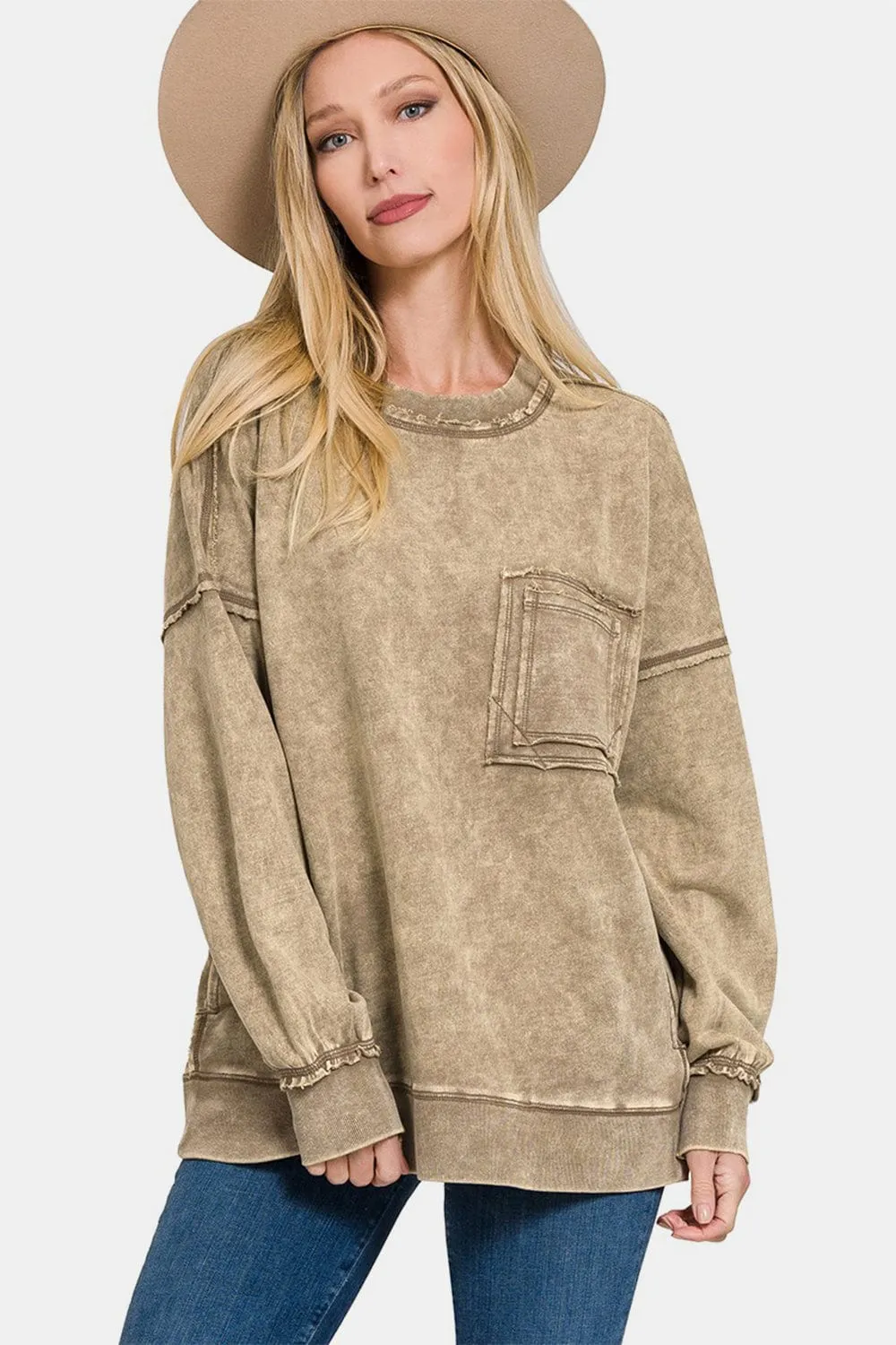 Zenana Exposed Seam Round Neck Dropped Shoulder Sweatshirt sold by Unique Kulture