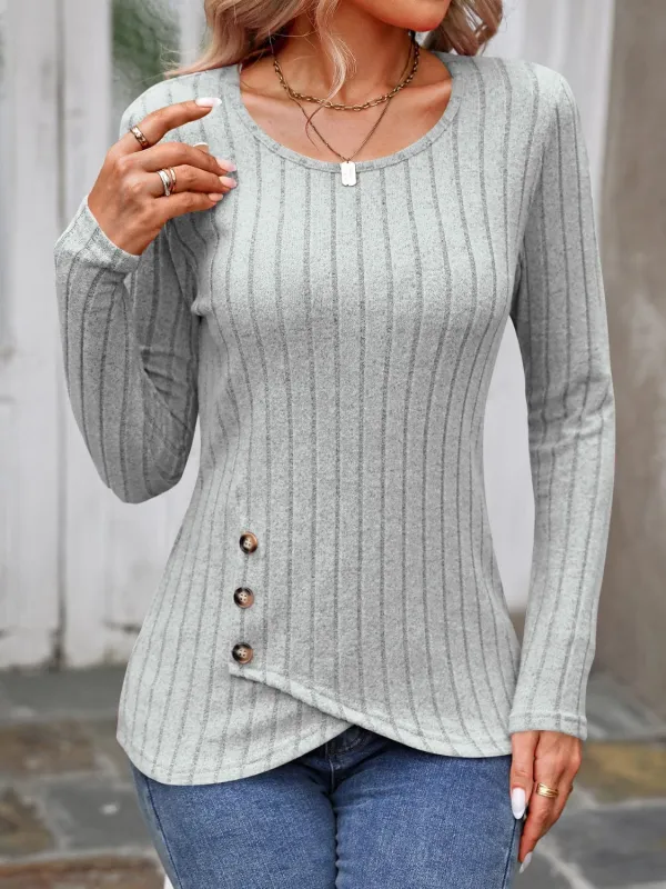 Decorative Button Round Neck Long Sleeve T-Shirt sold by Unique Kulture