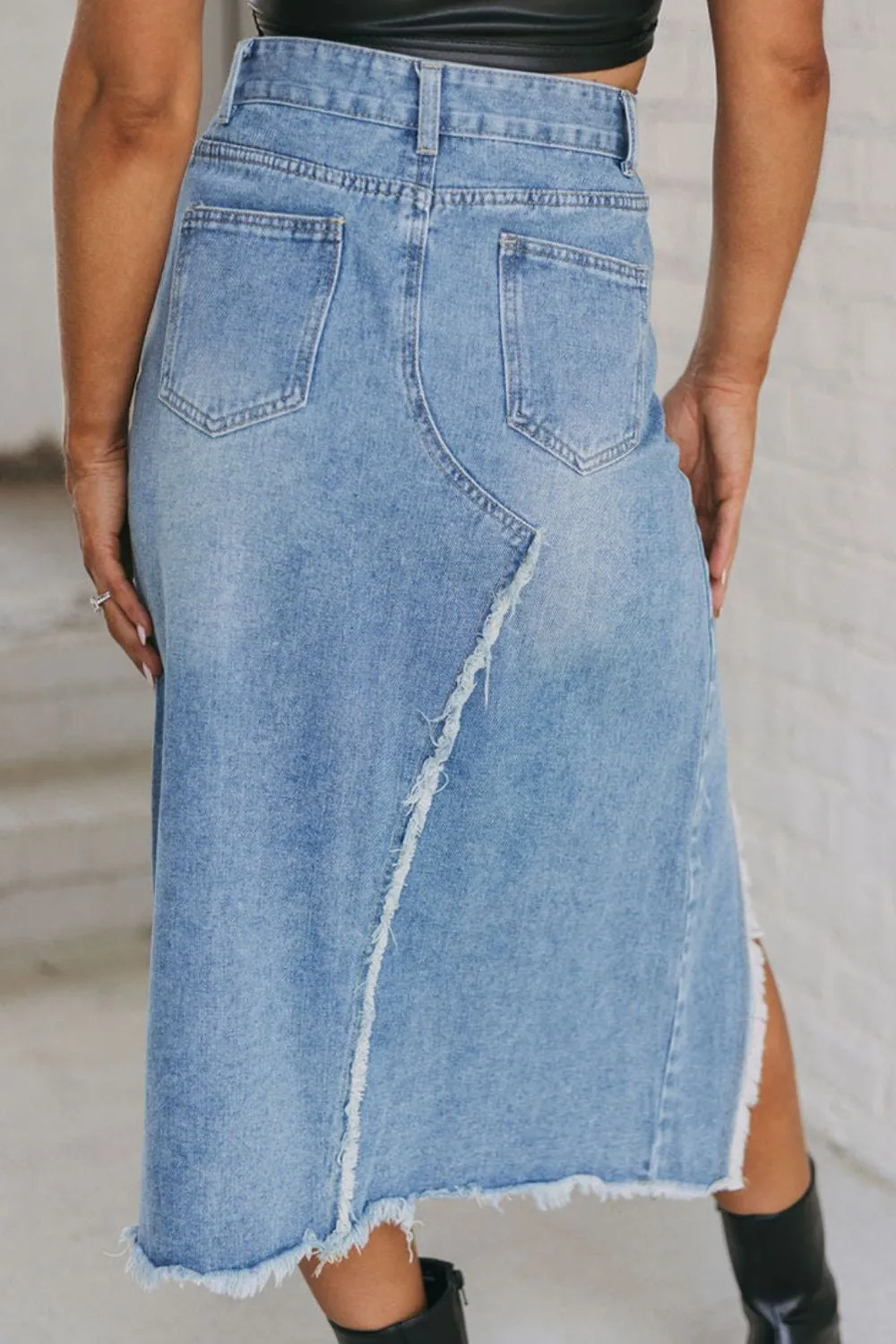Raw Hem Slit Denim Skirt with Pockets sold by Unique Kulture product image thumbnail 3