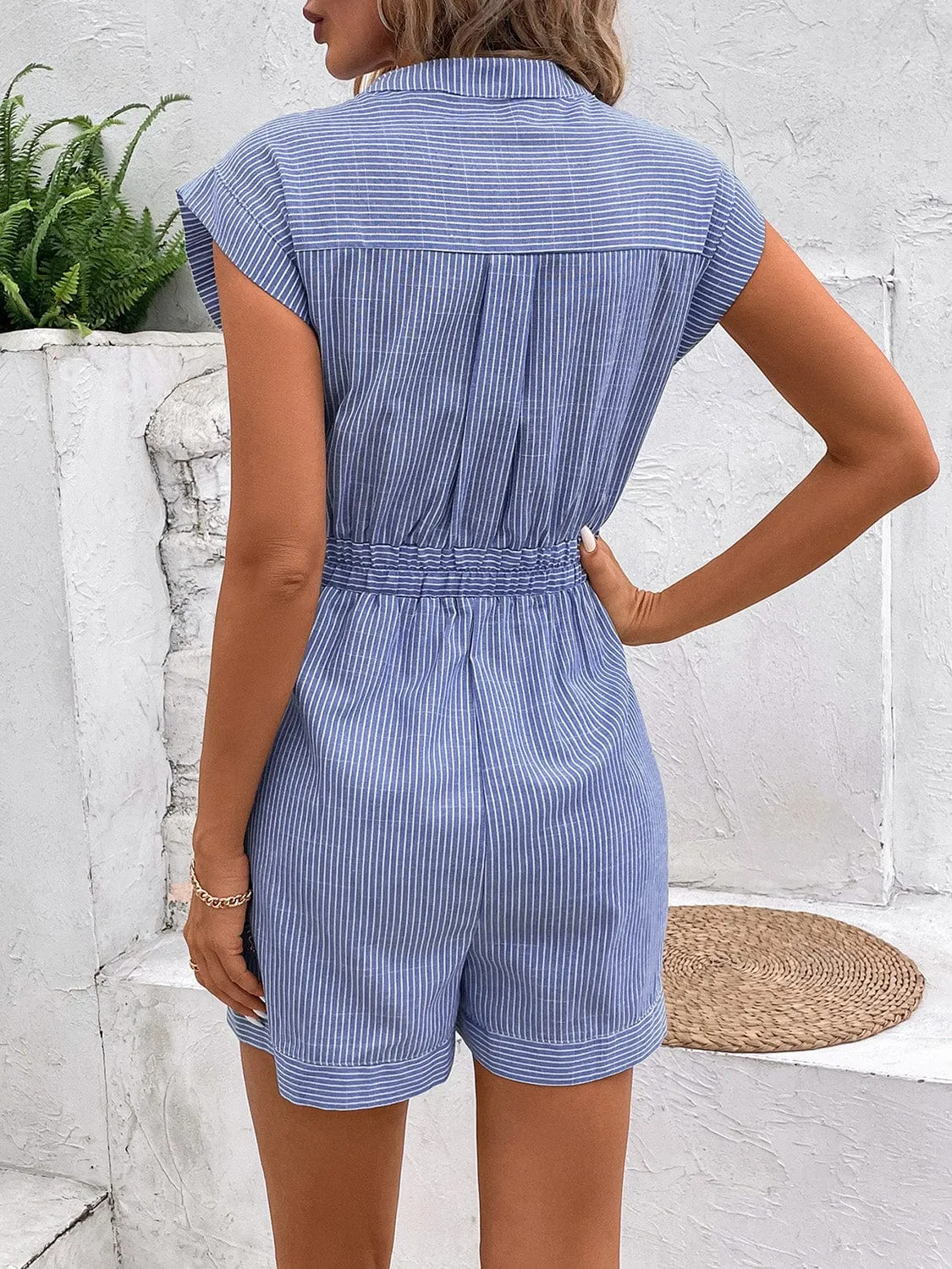 Striped Notched Tie Waist Romper sold by Unique Kulture product image thumbnail 2