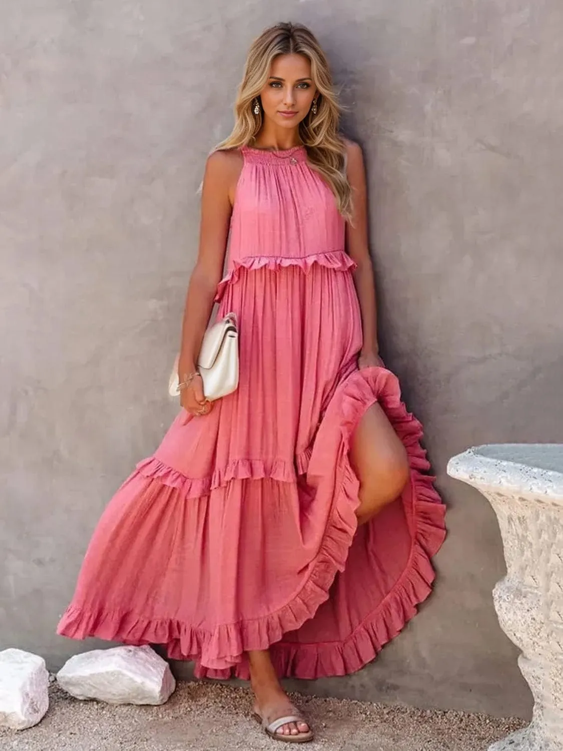 Ruffled Sleeveless Tiered Maxi Dress with Pockets sold by Unique Kulture