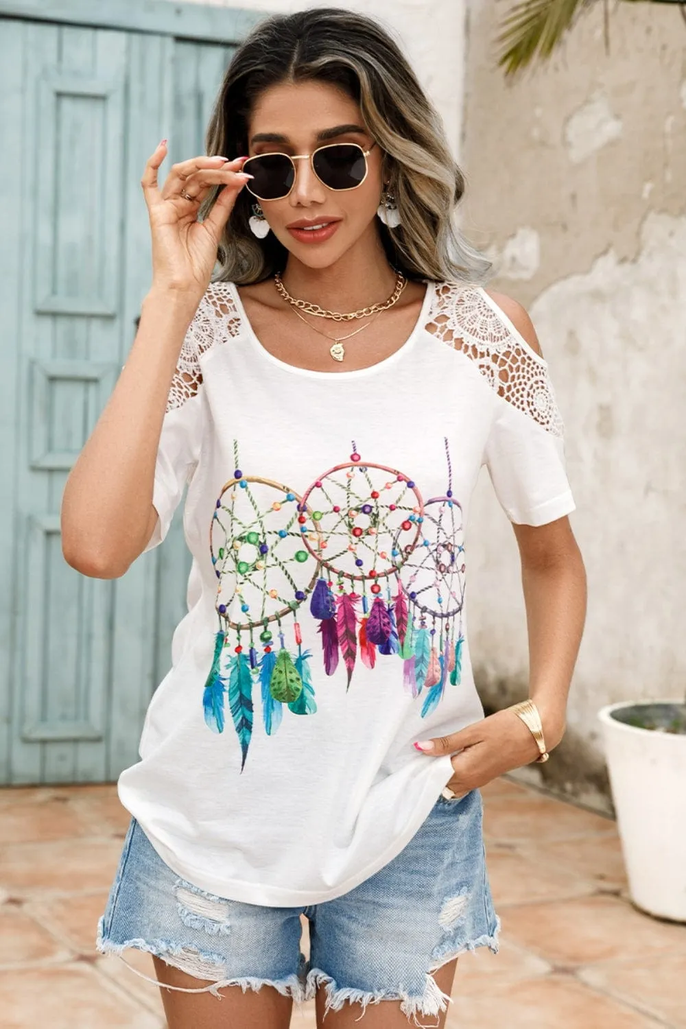 Lace Detail Round Neck Cold Shoulder Blouse sold by Unique Kulture