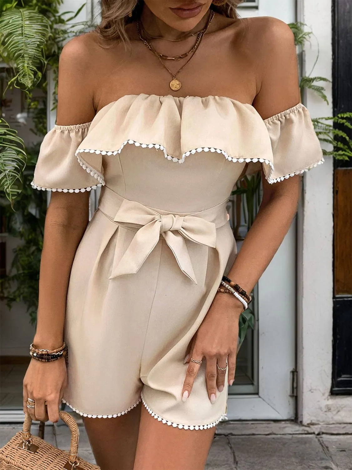Tied Ruffled Off-Shoulder Short Sleeve Romper sold by Unique Kulture product image thumbnail 3