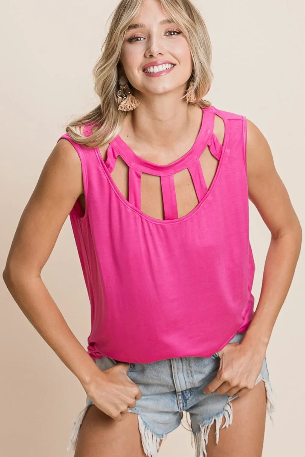 BiBi Cutout Round Neck Sleeveless Top sold by Unique Kulture