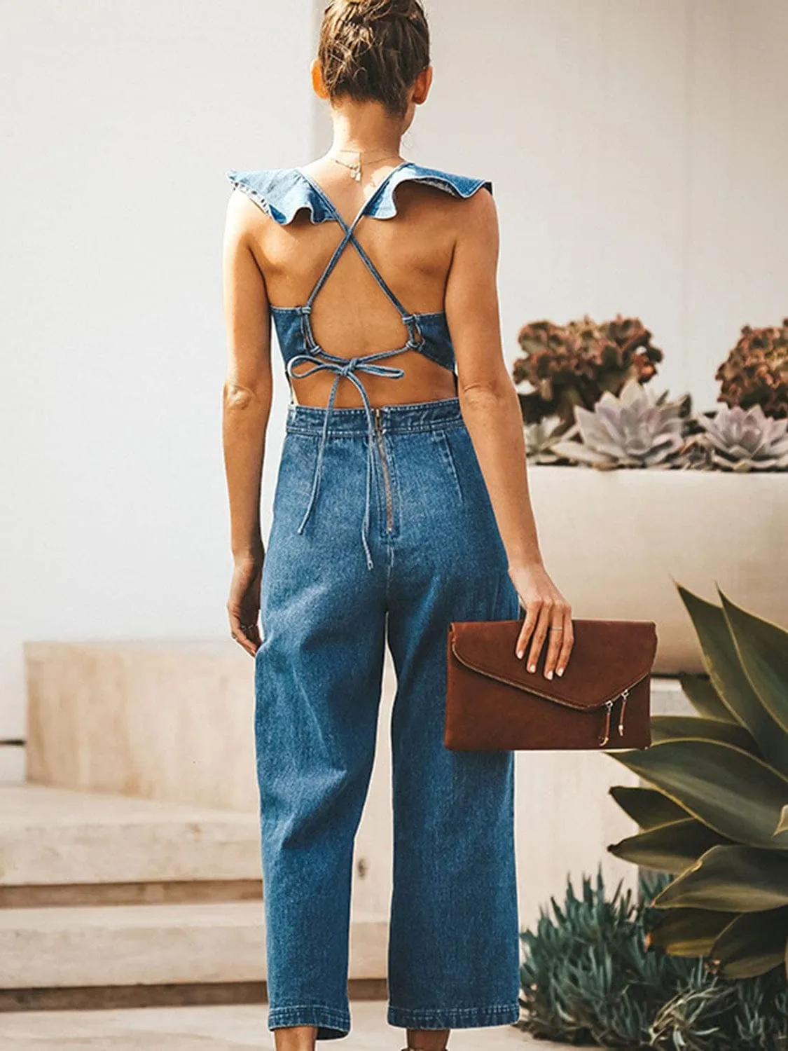 Ruffled Backless Sleeveless Denim Jumpsuit sold by Unique Kulture product image thumbnail 2