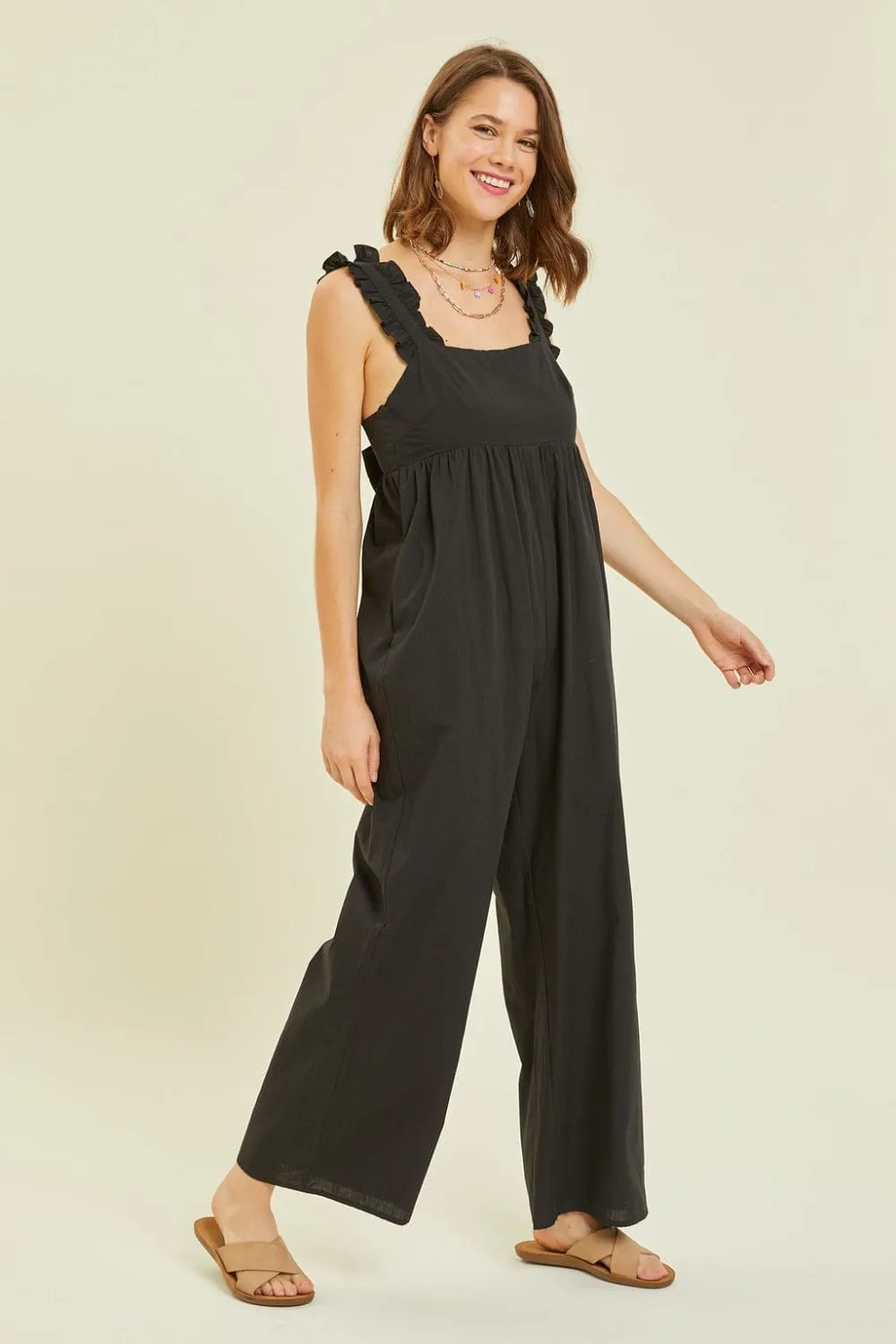 HEYSON Full Size Ruffled Strap Back Tie Wide Leg Jumpsuit sold by Unique Kulture