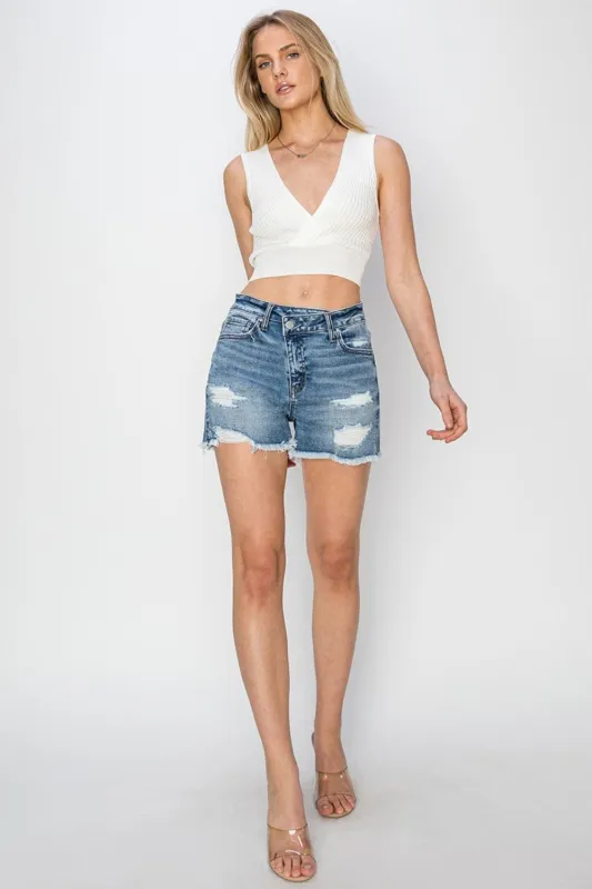RISEN Stepped Waist Frayed Denim Shorts sold by Unique Kulture
